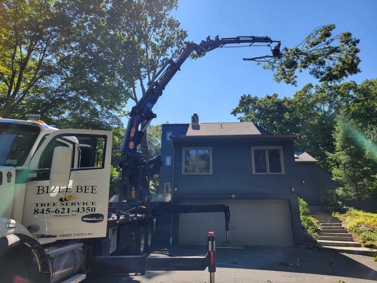 Bizee Bee Tree Service lifting a large tree limb over a house with a knuckleboom crane in Mahopac, NY.